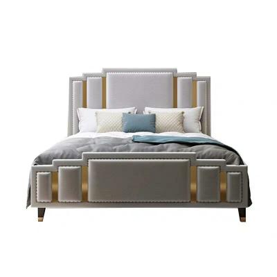 China (Other) Velvet Bed Adjustable High End Headboard With Gold Stainless Steel Bedroom Modern Exclusive Design Luxury King Size Bed Frame for sale