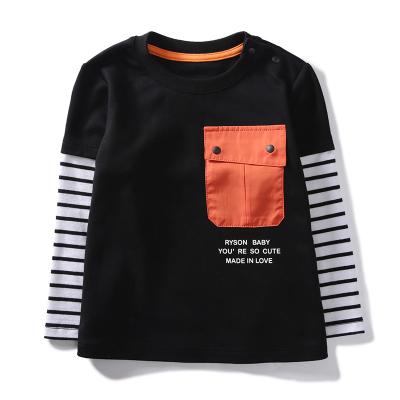 China Breathable Striped Patchwork Patch Pocket Black Crewneck Orange Cotton Long Sleeve T Shirt For Boys for sale