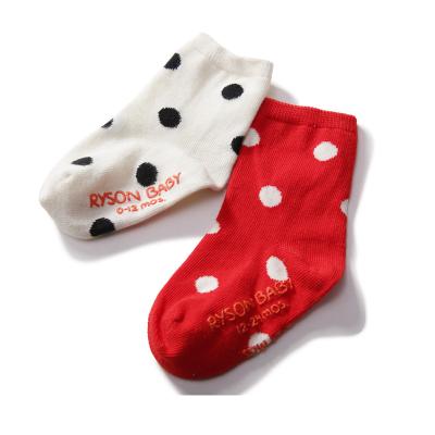 China Four Seasons Antibacterial High Quality Infants Wear Two Color Mid Tube Red White Polka Dot Kids Anti Slip Cotton Socks For Children for sale