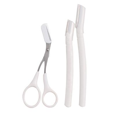 China Luxury White Makeup Tool 3pcs Eyebrow Scissors Trim Knife Razor Set Eyebrow Tweezers Kit Eyebrow Trimmer Eyelash Brush for sale