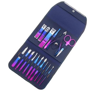 China Luxury 16 Pieces Gradient Color PU Nail Clipper Set Tweezers Nipper Scissors Nail Tool Kit Beauty Manicure Tool Pedicure Stainless Steel for sale