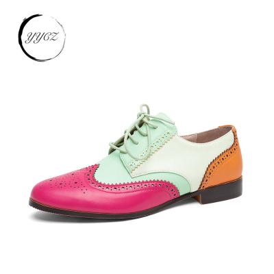 China Fashion Trend lovely colorful oxford genuine leather women flat flexible rubber sole classic British cushion insole laced up women's shoes for sale