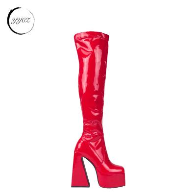 China Fashion Trend Fall Winter Thigh High Boots  stretch patent PU fetish tube red boots ladies high end square toe boots thigh high for sale