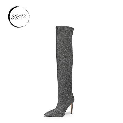 China Fashion Trend over the knee women stiletto pencil heel stretch boots ladies pointed toe glitter cloth thigh high boots for sale