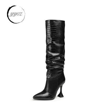 China Fashion Trend knee high women fancy boots croc emboss wine. glass heel pointed toe long boots for sale