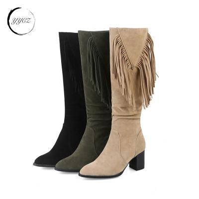 China Fashion Trend OEM/DOM Women  Boots  Suede Leather 6cm Chunky Heel Women knee high Tassel Western Boot for sale