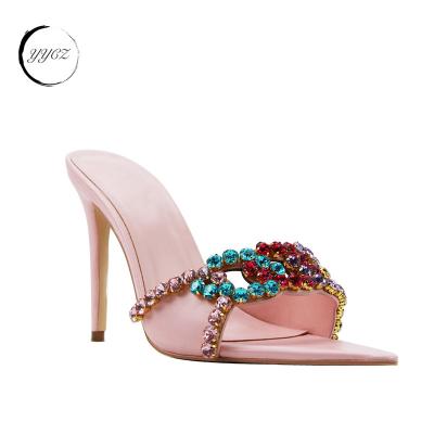 China Cushioning crystal chain mules party heel sandals Dubai high end ladies prom wear stiletto heel fancy stones design branded sandal shoes for sale