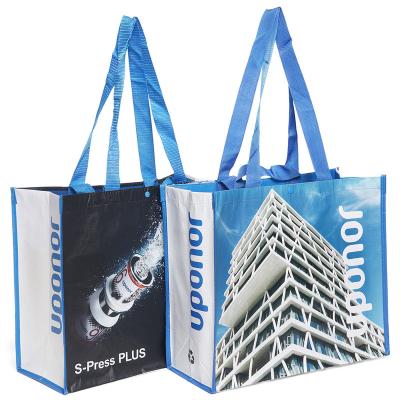 China Logo Recycled Reusable Foldable Custom Large Printed Recyclable Laminated Nonwoven Packaging RPET Shopping Bag With Button for sale