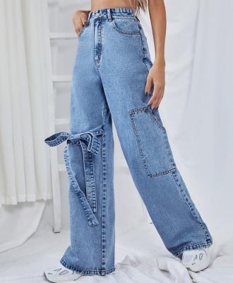 China Breathable Blue Bow Wide Leg Denim Cargo Jeans Palazzo Straight Pants Long Pants For Women for sale