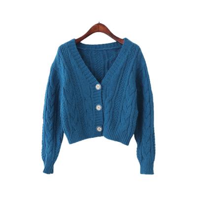 China 2021 Spring Sheer Color Cable Anti-wrinkle Knit Button Up Drop Shoulder Cardigan For Women Lazy Wind Sweater Jacket Women for sale