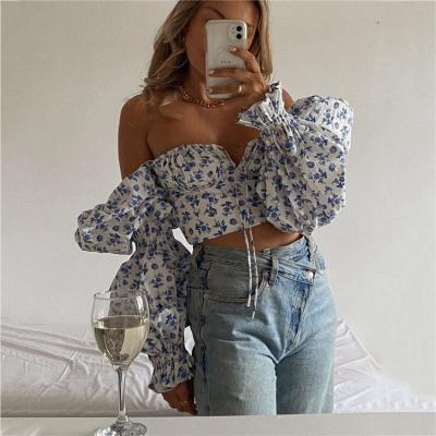 China Fashion French Romantic Floral Print Anti-pilling Collar Square Crop Tops Casual Streetwear Women T-shirt for sale