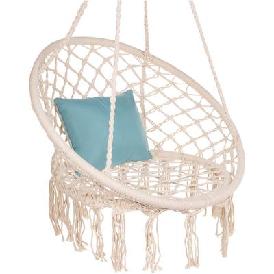 China Traditional Handwoven Macrame Hammock Cotton Hanging Chair Patio Swing w/Backrest, Fringe Tassels for sale