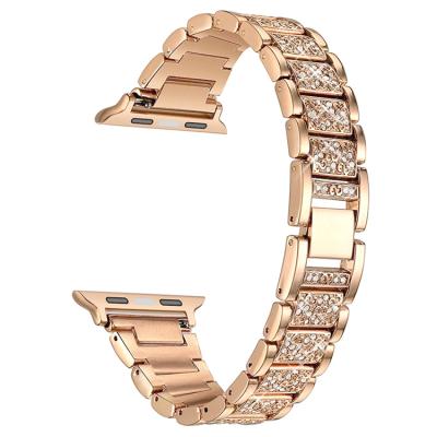 China Diamond Inlay Three Bead Solid Metal 40mm Luxury Stainless Steel Band AG701 44mm Rhinestone Diamond Stainless Steel Metal Watch Band for sale