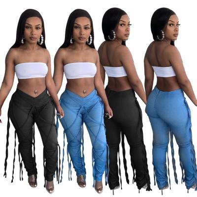 China Breathable Women's Clothing 2021 Ladies Jeans Women Bandage Pants Drawstring Cute Black Skinny Denim Lattice for sale