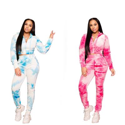 China Fall Anti-Static Clothing For Women Custom Logo Sports Tie Dye Two Piece Sets Hooded Drop Drawstring Clothing 2 Piece Pants Drop Sets for sale