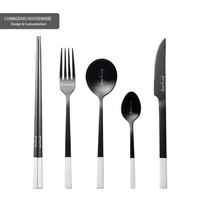 China Stocked Customizable Matte Wire Drawing White and Knife Black Chopsticks Fork Spoon Dinner Set Cutlery Gift for Restaurant for sale