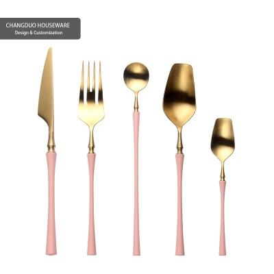 China Round Shape Stocked Handle Cutlery Set Matte Wire Drawing Rose Gold Plated Premium Metal Stainless Steel For Wedding Party Gift Custom for sale