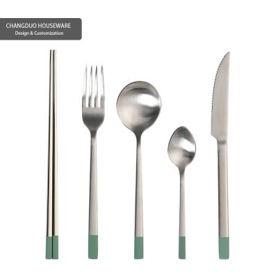 China Nordic Green Stocked Spoon Fork Knife Chopsticks Cutlery Set Metal Stainless Steel Wedding Party Event Restaurant Hotel Gift for sale