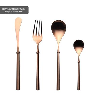 China Wholesale Custom Fork Stocked Spoon Round Handle Flatware Custom Logo For Wedding Party With Retro Pvd Titanium Coating Bronze Cutlery for sale