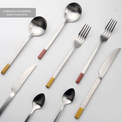 China Viable Nordic Simple Design Mounted Gold Handle Cutlery Set Knife Fork Spoon Chopsticks Party Edge Custom Logo Wedding High Grade for sale