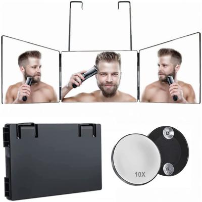 China Custom Size Adjustable 10X Magnification 3 Way Vanity Mirror Telescoping Trifold Mirror For Individual DIY Haircut Shaving And Makeup for sale