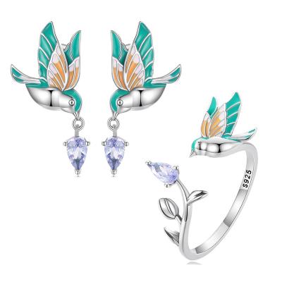 China Lead Free Nickel Free Cadmium Free 925 Sterling Silver Enamel Bird Ring Platinum Mingzi & Stud Earrings Jewelry Sets For Women for sale