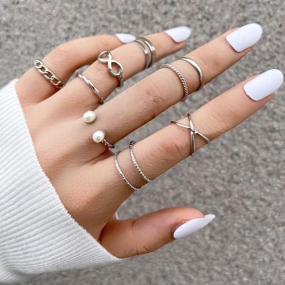 China Environmental Friendly Custom Wholesale Women Open Rings Jewelry Set Vintage Pearl Twist 9 Piece Ring Set for sale