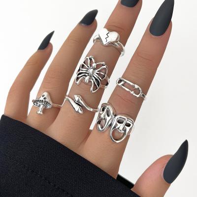 China Environmental Friendly Fashion Skull Ring Custom Silver Plated Unique Minimalist Six Piece Set Unisex Rings for sale