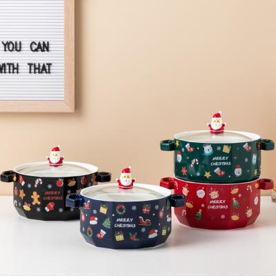 China Christmas Viable Popular Ceramic Ramen Bowls With Lid Gift Santa Clause Xmas Porcelain Noodle Soup Glass Double-ear Bowl Set for sale