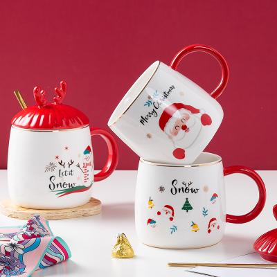 China Christmas Viable Ceramic Antler Mugs With Lid And Spoon Gift Santa Sonwman Xmas Tree Porcelain Coffee Mugs for sale