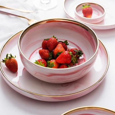 China HY European Style Rose Phnom Penh Stocked Marble Ceramic Porcelain Dish Set Dinnerware Dishes for sale