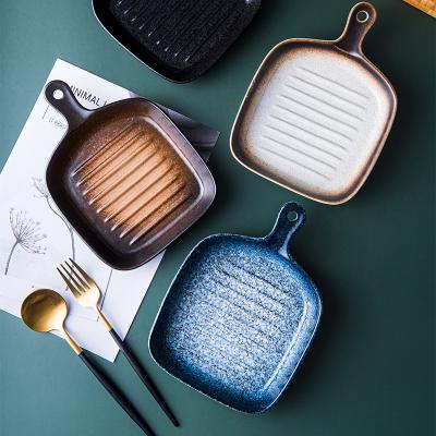 China Viable Factory Cheap Stoneware Cake Kitchen Bakeware Sets Dessert Dish Pan Ceramic Baking Dishes With Handle for sale