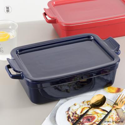 China Sustainable Porcelain Pan Stoneware Baking Tray Rectangular Bakeware Set Ceramic Baking Dish With Tray Lid for sale