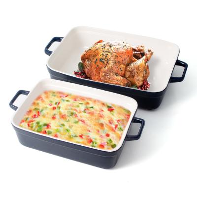 China Viable Blue Bakeware Set Pan Lasagna Pan Baking Tray Ceramic Gloss Dish Rectangular Baking Set for sale