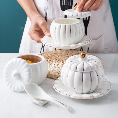 China HY Casserole Creative Disposable Ceramic Pumpkin Stew Pot With Lid Steaming Cup For Home Kitchen Egg Bowl With Cover for sale