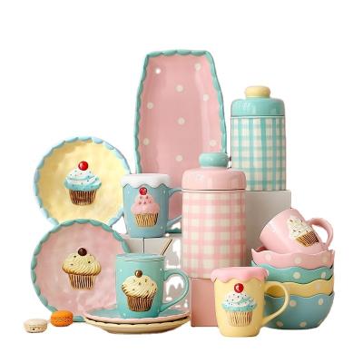 China Cute HY Macarone Cake Pattern Cake Cup Viable Porcelain Dish Cute Ceramic Bowl Tableware Sets Lovely Dinnerware Sets for sale