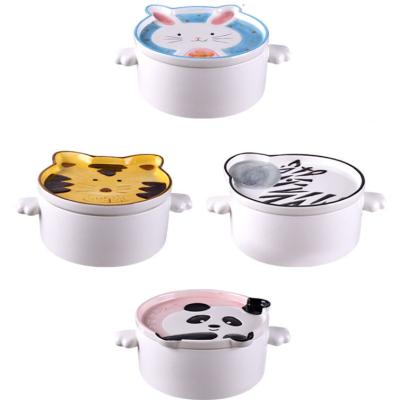 China Viable Japanese HY Cartoon Children Porcelain Instant Noodle Bowl With Cover Dishes Animal Design Ceramic Ramen Soup Bowl for sale