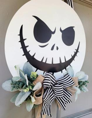 China Art Decor Jack Skellington Inspired Door Hanger Halloween Wreath Front Entry Decoration for sale