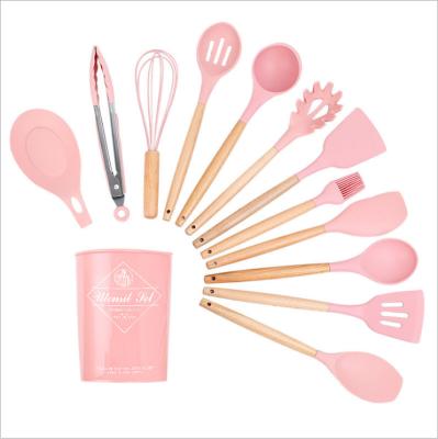 China Factory price best viable selling 12 pieces set food grade colorful silicone cooking kitchen utensil set kitchenware with wood handle for sale