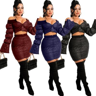 China 2021 Breathable Hot Sale Zipper Off Shoulder Thick Leather 2 Piece Skirt Set Two Piece Set Winter Coat Suit And Short Skirt for sale