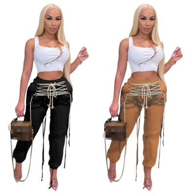 China 2021 new anti-pilling design eyelet bandage high waist stretch drawstring jeans solid denim pants for ladies for sale