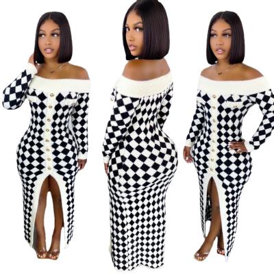 China 2021 New Anti-wrinkle winter patchwork plaid knitted dress thick split dress for women off shoulder long sweater dress for sale