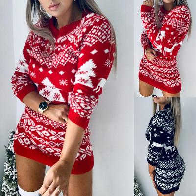 China Anti-Wrinkle Women's Winter Clothing 2021 Print Snowflake Knitted Christmas Dress For Ladies Christmas Sweater Mini Dress for sale