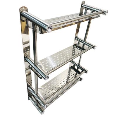 China Factory Stocked Supplier 50cm 3 Layers Stainless Steel Kitchen Spice Bottle Sauce Rack Wall Mounted Storage Rack With Towel Hooks for sale