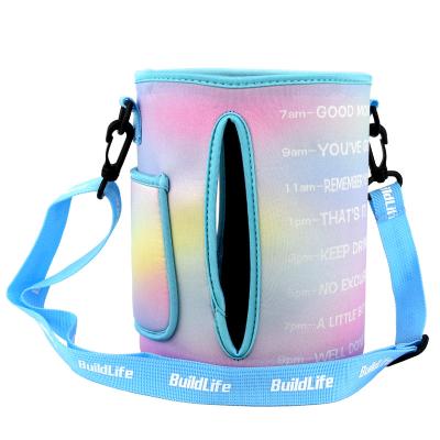 China Custom Viable Neoprene Sleeve Bottle Carrier Carrier Bag With Shoulder Straw Adjustable For Gallon Water Bottle for sale