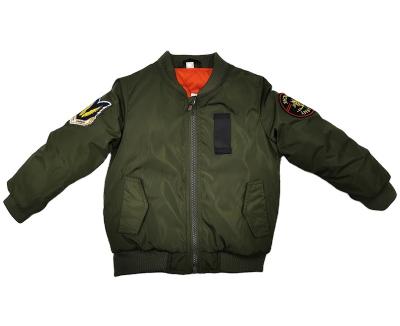 China Anti-wrinkle Boys Army Green Satin Bomber Jacket With Patches for sale