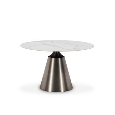 China Multiple Sizes and Colors Available Modern Stainless Steel Legs Rock Stone White Marble Agglomerated Top Slate Round Minimal Dining Furniture Pedestal Dining Table for sale