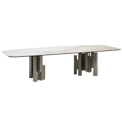 China Multiple Colors Are Available Italian Minimalist Home Furniture Rectangular Marble Sinter Stone Top Stainless Steel Legs Base Rectangular Dining Table for sale