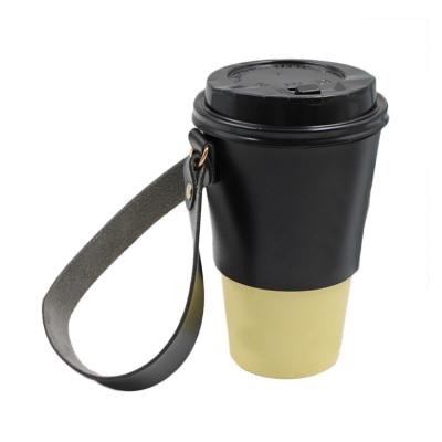 China Modern Reusable Heat Insulation PU Coffee Mug Sleeve Leather With Acrylic Chain Strap for sale