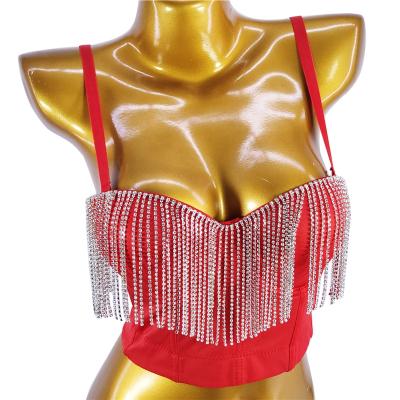 China Fashion Fringe Women Antibacterial Crop Diamond Rhineston Red Tank Tops Stretching Corset Top Bustiers Spring Women's Camisole for sale